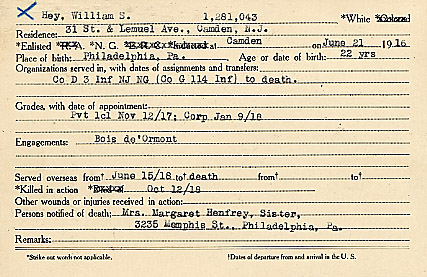 William S. Hey Camden County World War I Honor Roll