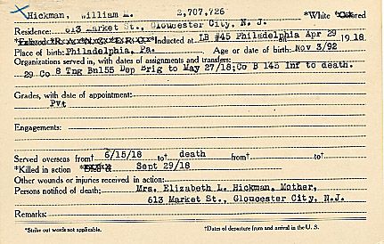 William M. Hickman Camden County World War I Honor Roll