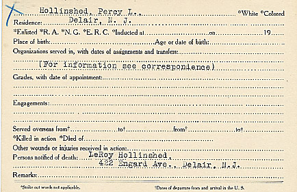 Camden County World War I Honor Roll — Percy Lincoln Hollinshed