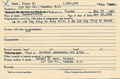Elmer H. Hunt Camden County World War I Honor Roll card