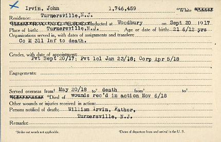 Camden County World War I Honor Roll — John Irvin