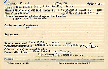 Camden County World War I Honor Roll — Howard Jordan