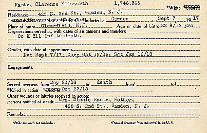 Clarence E. Kantz Camden County World War I Honor Roll card