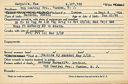 Camden County World War I Honor Roll — Max Karpatik