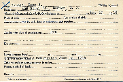 Enos S. Kimble Camden County World War I Honor Roll card