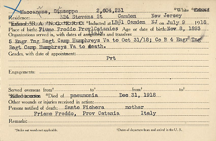 Giuseppe Maccarone Camden County World War I Honor Roll card