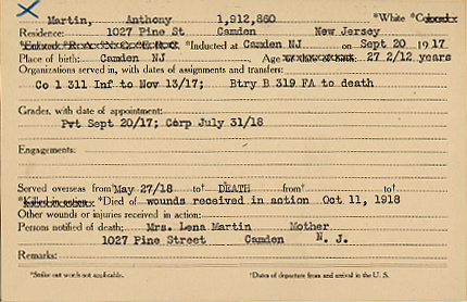 Anthony Martin Camden County World War I Honor Roll card
