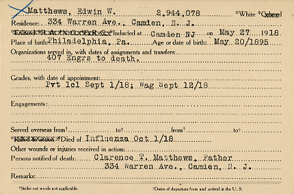 Edwin M. Matthews Camden County World War I Honor Roll card