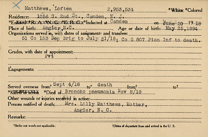 Camden County World War I Honor Roll — Loften Matthews