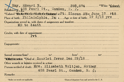 Edward B. May Camden County World War I Honor Roll card