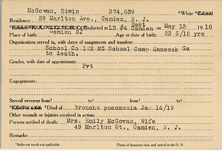Edwin McGowan Camden County World War I Honor Roll card