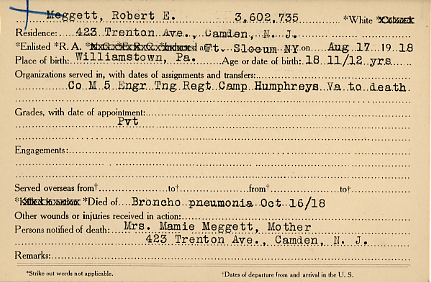 Robert E. Meggett Camden County World War I Honor Roll