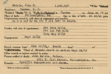 Camden County World War I Honor Roll — John H. Meisle