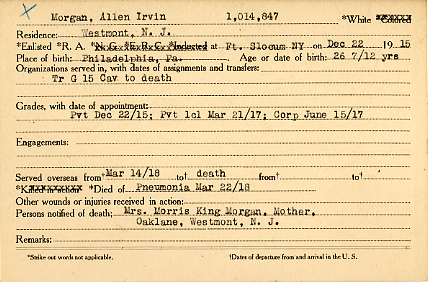 Allen Irvin Morgan Camden County World War I Honor Roll card