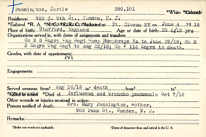 Bertie Pennington Camden County World War I Honor Roll card