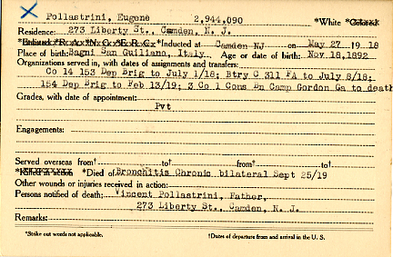 Eugene Pollastrini Camden County World War I Honor Roll card