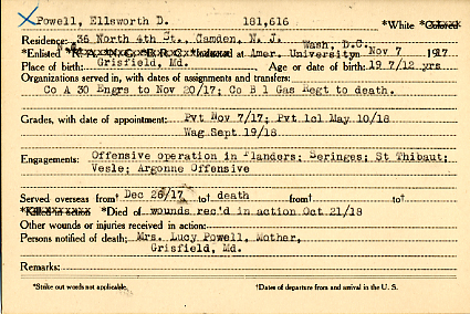 Ellsworth D. Powell Camden County World War I Honor Roll card