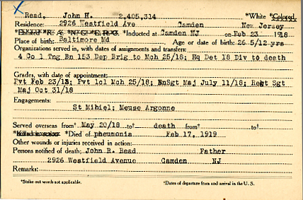Camden County World War I Honor Roll — John Howard Read
