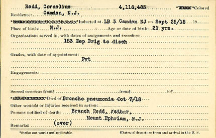 Cornelius Redd Camden County World War I Honor Roll card