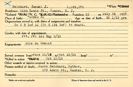 Samuel J. Reichard Camden County World War I Honor Roll
