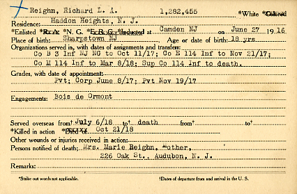 Richard L. Reighn Camden County World War I Honor Roll