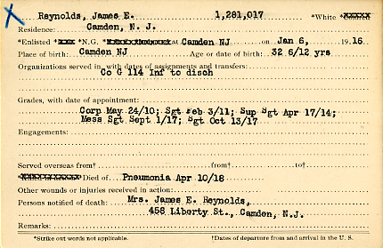 Camden County World War I Honor Roll — James E. Reynolds