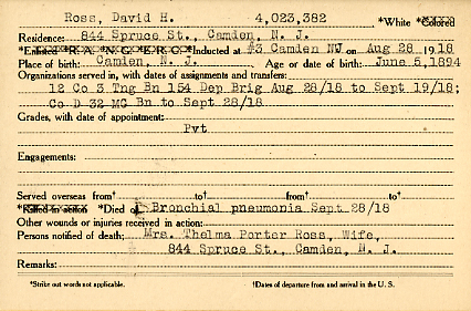David H. Ross Camden County World War I Honor Roll card
