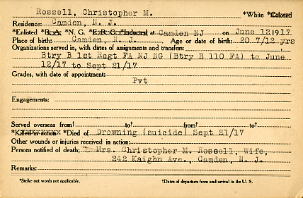 Christopher M. Rossell Camden County World War I Honor Roll card