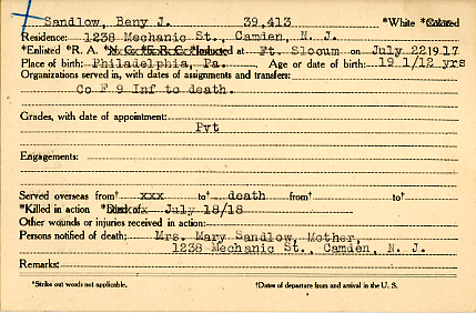 Benjamin J. Sandlow Camden County World War I Honor Roll card