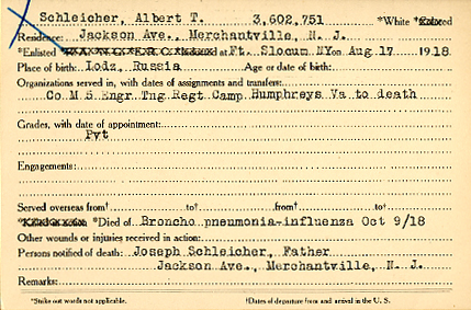 Albert T. Schleicher Camden County World War I Honor Roll card