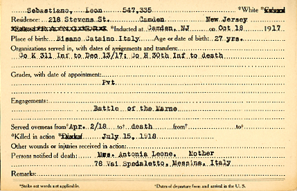 Camden County World War I Honor Roll — Leone Sebastiano