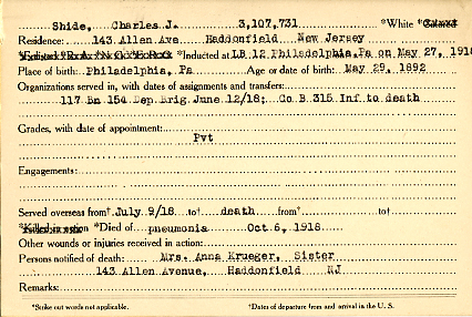 Charles J. Shide Camden County World War I Honor Roll card