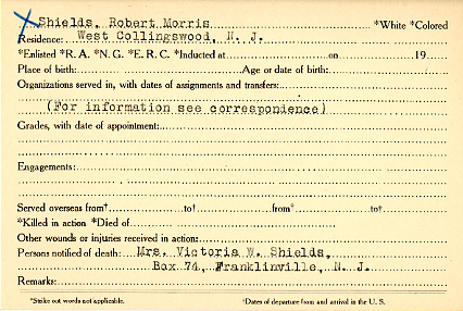 Robert M. Shields Camden County World War I Honor Roll