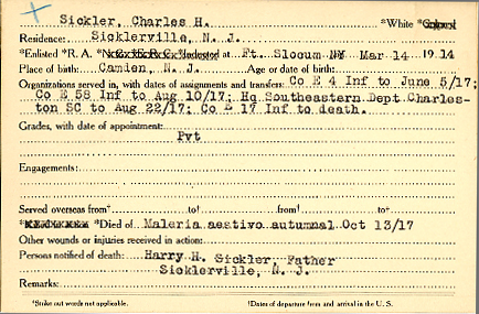 Charles H. Sickler Camden County World War I Honor Roll card