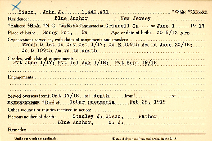 Camden County World War I Honor Roll — John J. Sisco