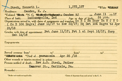 Camden County World War I Honor Roll — Kenneth L. Steck