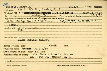 Camden County World War I Honor Roll — Harry A. Steeple