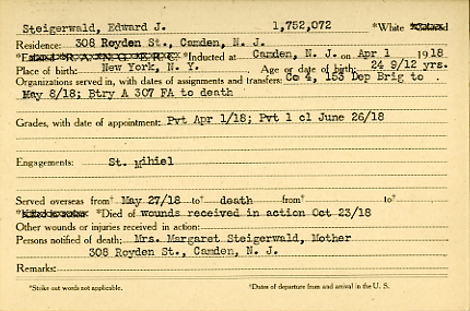 Edward J. Steigerwald Camden County World War I Honor Roll card