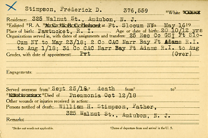 Fred D. Stimpson Camden County World War I Honor Roll card