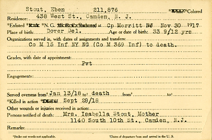 Eben M. Stout Camden County World War I Honor Roll card