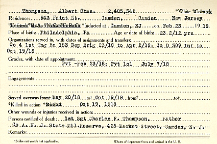 Albert Charles Thompson Camden County World War I Honor Roll card