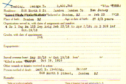 George E. Trebing Camden County World War I Honor Roll card