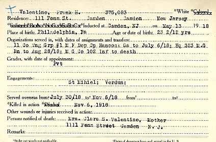 Frank H. Valentine Camden County World War I Honor Roll card