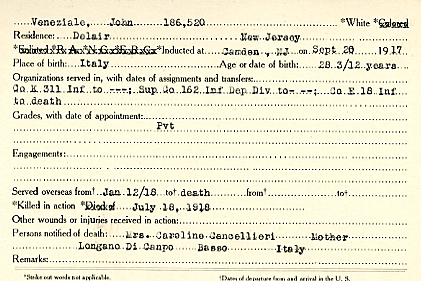 Camden County World War I Honor Roll — Giovanni Veneziale