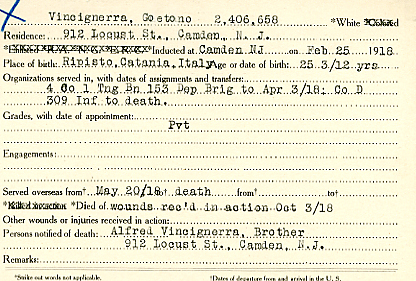 Gaetano Vinciguerra Camden County World War I Honor Roll card