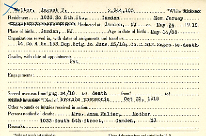 August F. Walter Camden County World War I Honor Roll card
