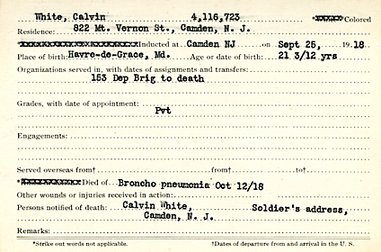 Calvin White Camden County World War I Honor Roll card