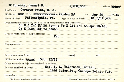 Samuel W. Wilbraham Camden County World War I Honor Roll