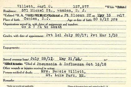Earl C. Willett Camden County World War I Honor Roll card