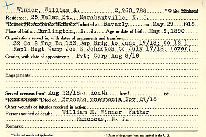 William Addison Winner Camden County World War I Honor Roll